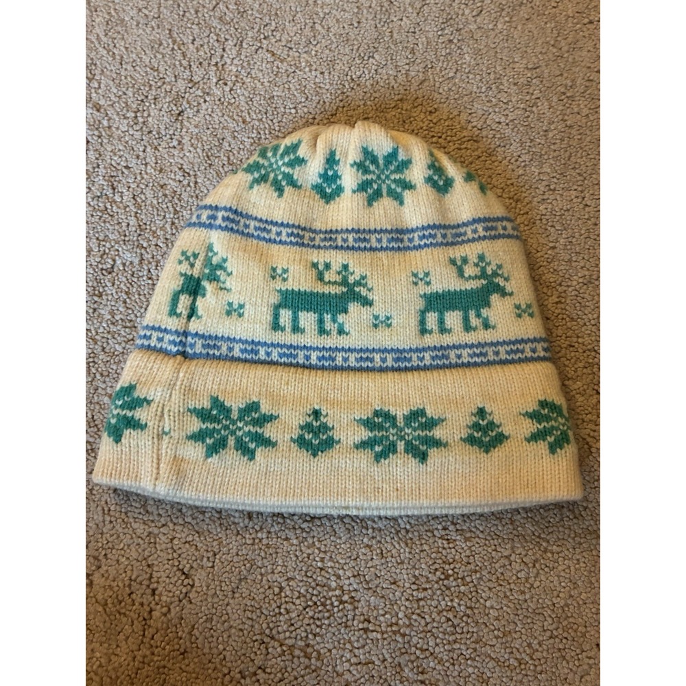 Vintage VERMONT Bar-W Originals Green Fair Isle Wool Beanie Ski Hat Cottagecore